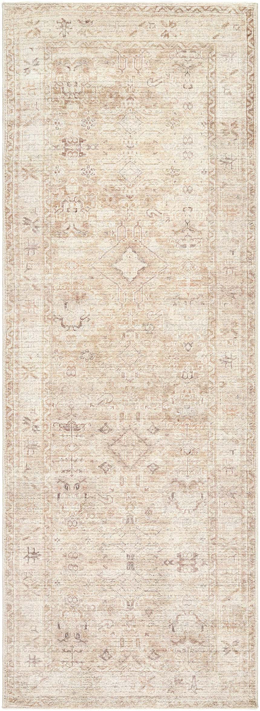 Close-up of the Nakia Area Rug. Beige, ivory, light brown, and taupe tones create a traditional, farmhouse design. Design-Runner-2773