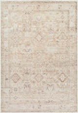 Close-up of the Nakia Area Rug, a machine-woven rug in beige, ivory, light brown, and taupe with a traditional pattern. Design-Rectangle-31157