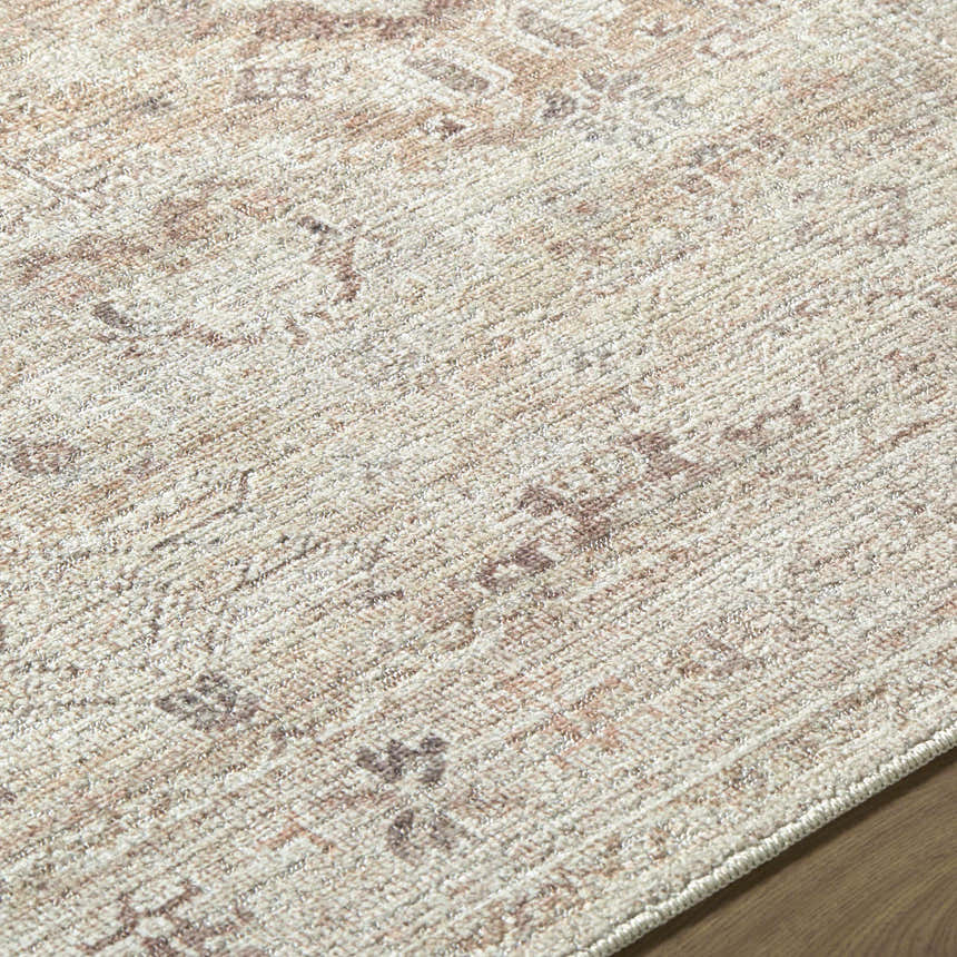 Close-up of the Nakia Area Rug, a machine-woven rug in beige, ivory, light brown, tan, and taupe hues. Farmhouse style. Texture
