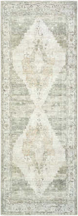 Close-up of the Luca Medallion Olive Area Rug. Beige rug with an all-over traditional medallion pattern in olive, gray, and nutmeg. Design-Runner-273