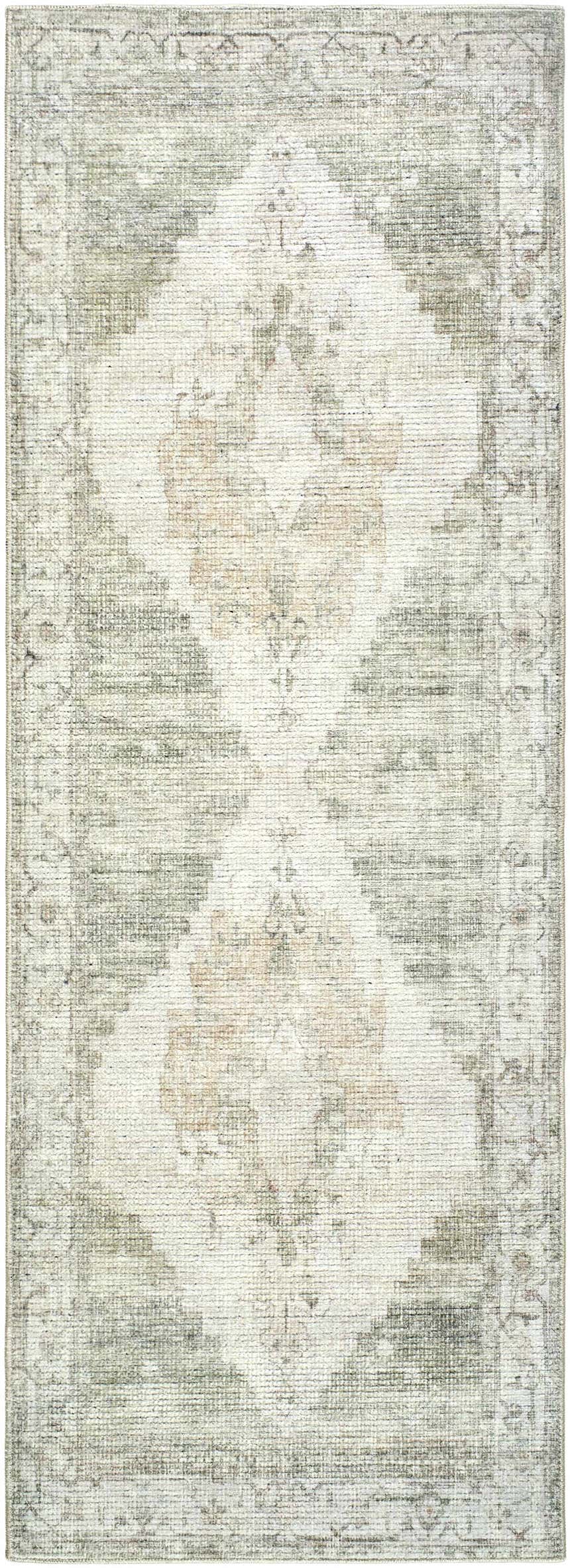 Close-up of the Luca Medallion Olive Area Rug. Beige rug with an all-over traditional medallion pattern in olive, gray, and nutmeg. Design-Runner-273