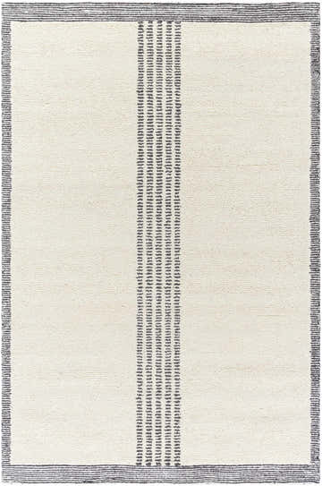 Close-up of the Ande Ivory Area Rug. Hand-tufted wool rug with light silver stripes and off-white background. Contemporary style. Design-Rectangle-576