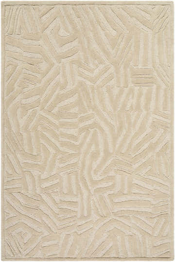 Close-up of the Avian Ivory Area Rug. Hand-tufted wool rug with a contemporary, abstract geometric pattern in neutral tones. Design-Rectangle-576