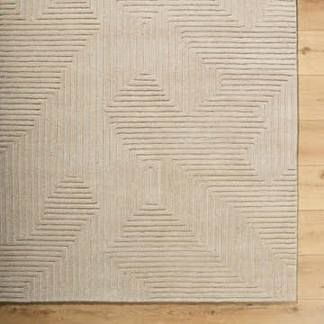 Close-up of the hand-tufted Citro Ivory Area Rug. Contemporary geometric maze pattern in neutral ivory wool. Swatch