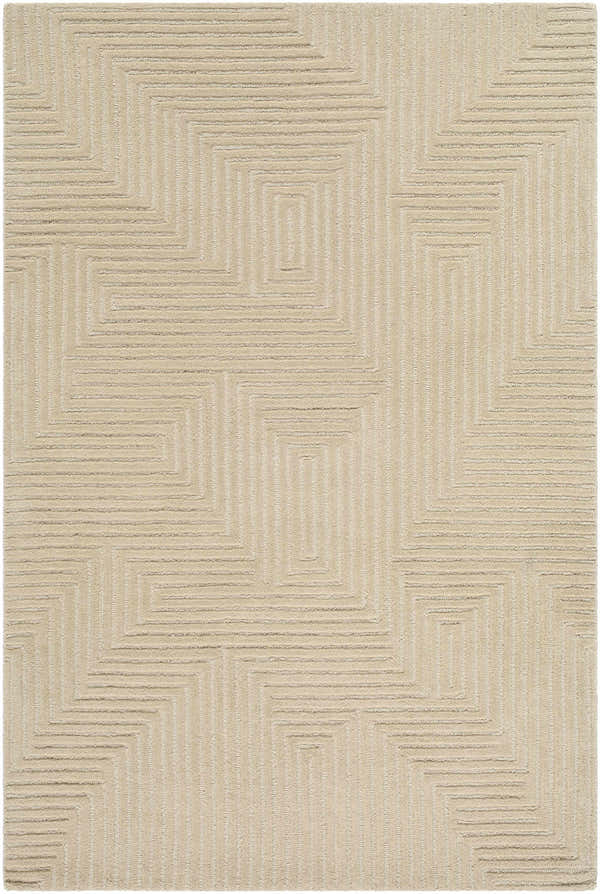 Close-up of a hand-tufted Citro Beige Area Rug. Contemporary style with a geometric square maze pattern. 100% wool texture. Design-Rectangle-576