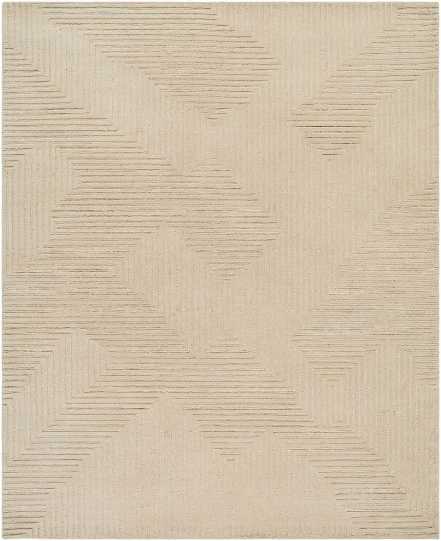 Close-up of the Citro Beige Area Rug, featuring a contemporary geometric maze pattern and hand-tufted wool texture. Design-Rectangle-810