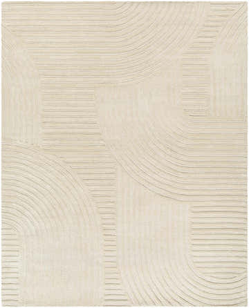 Close-up of the hand-tufted Whan Ivory Area Rug. Features a contemporary geometric pattern with raised lines on soft wool. Design-Rectangle-810