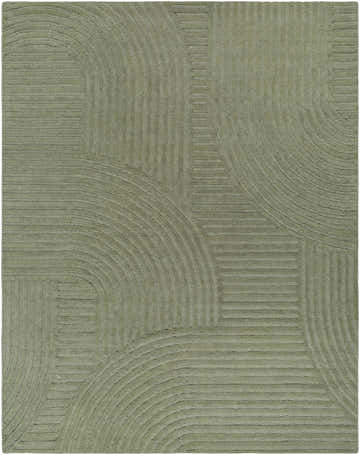 Close-up of the Whan Sage Area Rug, a hand-tufted wool rug with a contemporary geometric pattern of lines and curves. Design-Rectangle-810