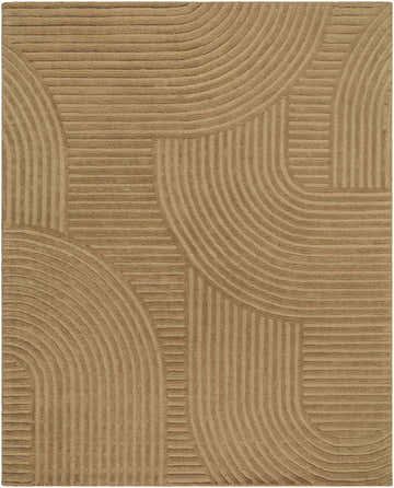 Close-up of the Whan Camel Area Rug showing its textured, contemporary design with curved and straight lines. Design-Rectangle-810