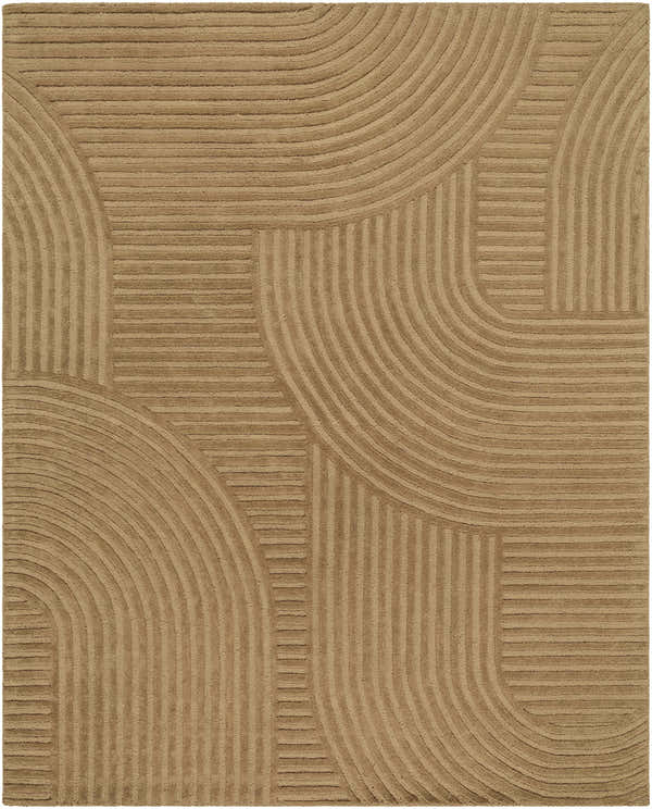 Close-up of the Whan Camel Area Rug showing its textured, contemporary design with curved and straight lines. Design-Rectangle-810