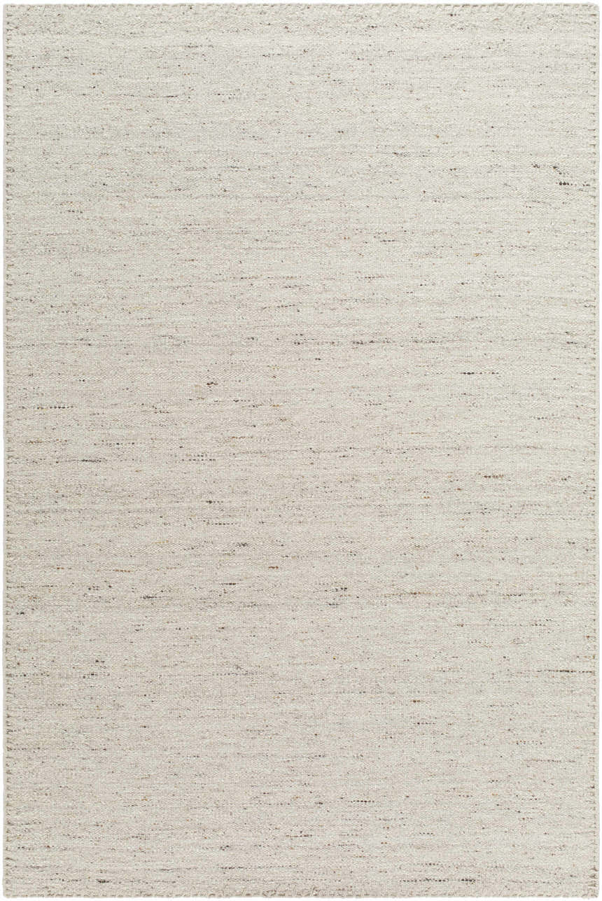 Close-up of the Ayumu Sandstone Area Rug. Hand woven wool rug in ivory, sandstone, and taupe with subtle texture. Design-Rectangle