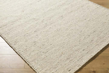 Close-up of the hand woven Ayumu Sandstone Area Rug. The rug features ivory, sandstone, and taupe tones. Corner