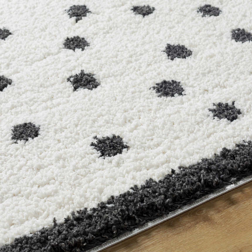 Close-up of the Chaia Dotted Black & White Plush Rug, showing the shag texture and dotted pattern. Texture