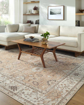 Living room scene with a beige sectional sofa and the beige and charcoal Yvon Area Rug. Roomscene-Rectangle