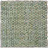 Close-up of the Verdel Sage rug. Handwoven wool and jute rug with a sage, tan, and teal checkered pattern. Swatch
