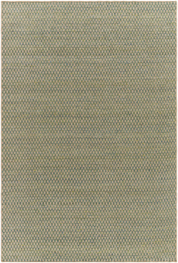 Close-up of the Verdel Sage Cottage Farmhouse Wool Handmade Area Rug showing sage, tan, and teal woven checkerboard pattern. Design-Rectangle-576