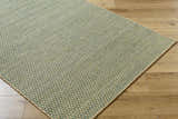 Close-up of Verdel Sage rug showing woven jute and wool texture in sage, tan, and teal on wood floor. Corner