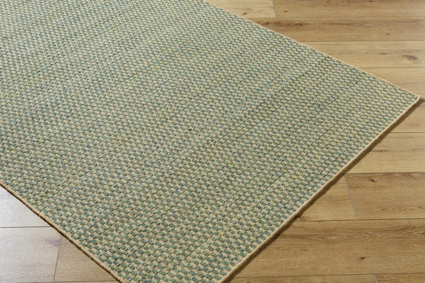 Close-up of Verdel Sage rug showing woven jute and wool texture in sage, tan, and teal on wood floor. Corner