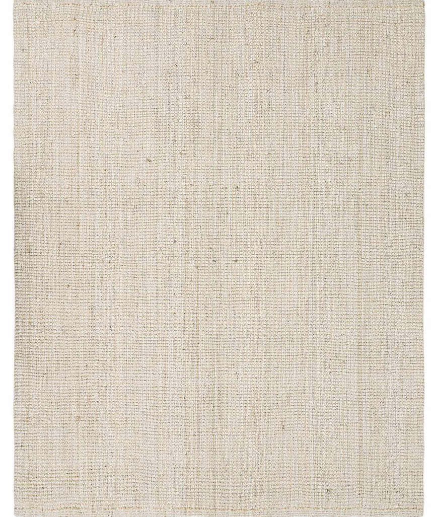 Close-up of the Ambel Cream Jute Rug. Hand-woven rug with a subtle striped pattern and natural jute texture. Bone and beige tones. Design-Rectangle