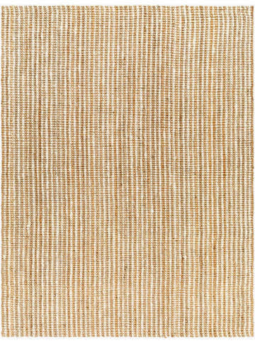 Close-up of the Ambel Tan Camel Jute Area Rug, showing its woven texture and striped pattern in tan and off-white. Design-Rectangle