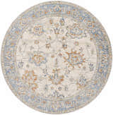 Round Luma Area Rug in faded driftwood, lambswool, and blue. Traditional floral pattern, machine woven polyester rug. Design-Round-67