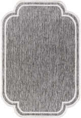 Close-up of Arnola Gray Outdoor Rug; charcoal and cream fibers with a traditional farmhouse border design. Design-Rectangle-537