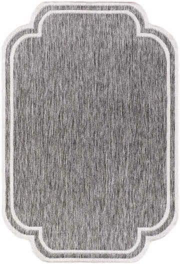 Close-up of Arnola Gray Outdoor Rug; charcoal and cream fibers with a traditional farmhouse border design. Design-Rectangle-537