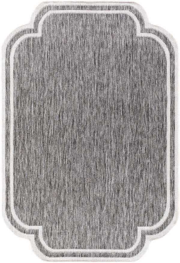 Close-up of Arnola Gray Outdoor Rug; charcoal and cream fibers with a traditional farmhouse border design. Design-Rectangle-537