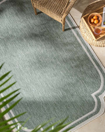 Outdoor patio scene with Arnola Green rug, wicker chair and table, and a tropical vibe. Roomscene-Rectangle
