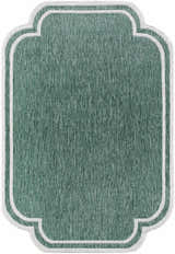 Close-up of the Arnola Green Outdoor Rug, featuring a cream border and a unique quatrefoil shape. Design-Rectangle-537