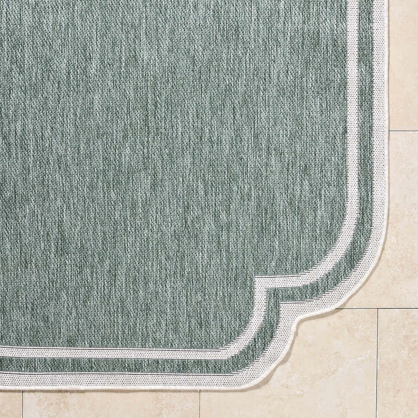 Close-up of the Arnola Green Outdoor Rug showing the texture and cream border detail. Corner