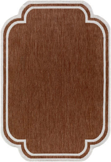 Close-up of the Arnola Brown Outdoor Rug showing its brown woven texture and cream quatrefoil border. Design-Rectangle-537