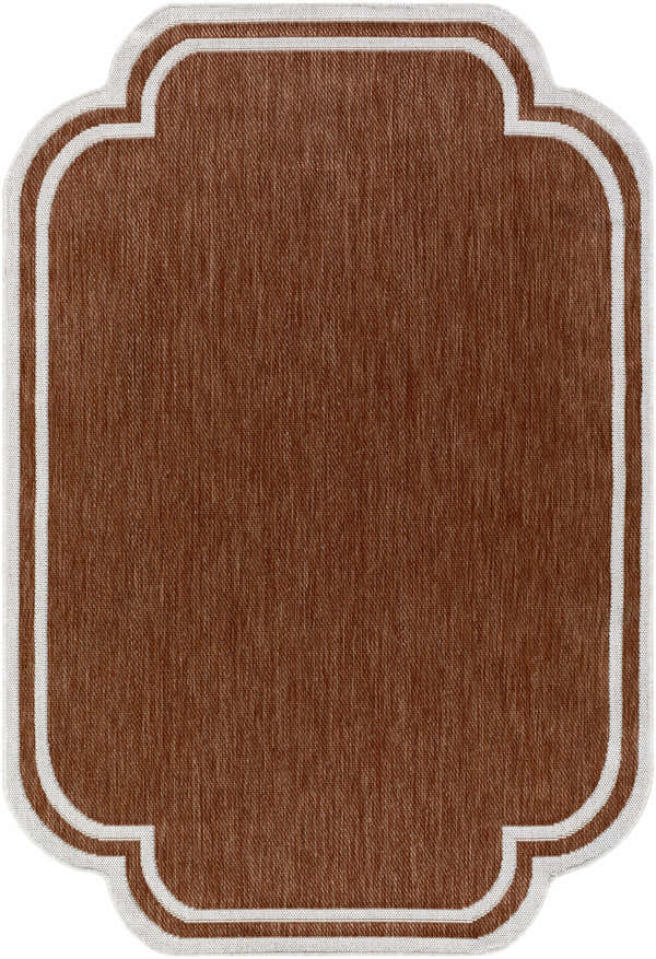 Close-up of the Arnola Brown Outdoor Rug showing its brown woven texture and cream quatrefoil border. Design-Rectangle-537