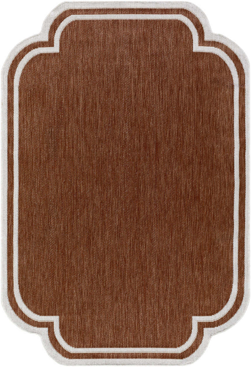 Close-up of the Arnola Brown Outdoor Rug showing its brown woven texture and cream quatrefoil border. Design-Rectangle-537