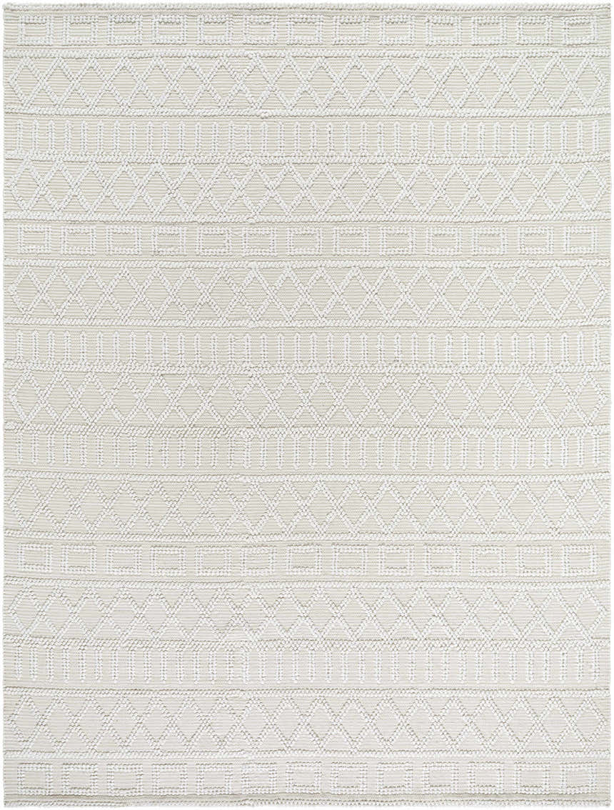 Close-up of the Canta Area Rug in bone and driftwood, featuring a geometric, hand-woven design. Design-Rectangle-810