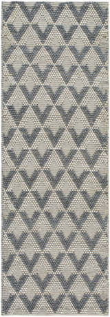 Close-up of the Maik Area Rug. Hand-woven geometric design in dark gray and light gray recycled PET yarn. Farmhouse style. Design-Runner-268