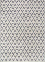 Close-up of the Maik Area Rug. Hand-woven rug with a geometric diamond pattern in dark gray, light gray, and nutmeg. Design-Rectangle-810