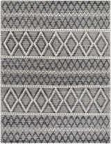 Close-up of the Yuka Area Rug. Dark gray and natural gray geometric diamond pattern, hand woven texture. Design-Rectangle-810
