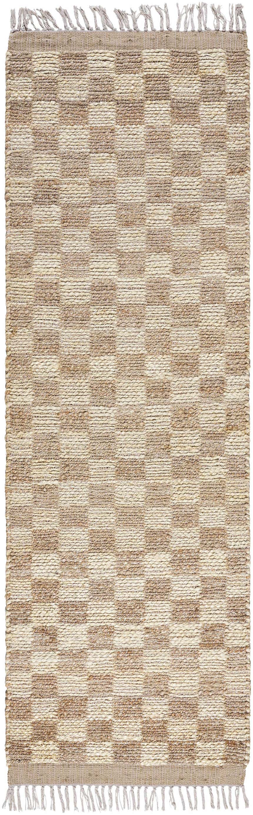 Close-up of the Ionut Checkered Jute Area Rug. Hand-woven rug with a beige and tan checkered pattern and fringed edges. Design-Runner-268