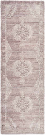 Close-up of the Alafin Area Rug. Hand-tufted polyester rug in blush, cream, dusty rose, and mauve with a traditional design. Design-Runner-268