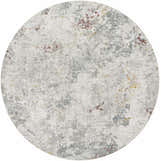 Close-up of round Edana Textured Rug. Abstract design in cloud gray, dark brown, and light gray hues. Contemporary style. Design-Round-67