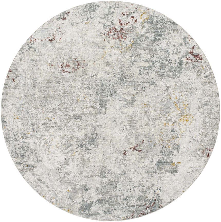 Close-up of round Edana Textured Rug. Abstract design in cloud gray, dark brown, and light gray hues. Contemporary style. Design-Round-67