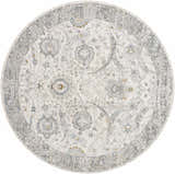Close-up of round Gauge Cream & Gray Blue Rug. Features traditional floral pattern in cream, gray, and blue hues. Design-Round-67