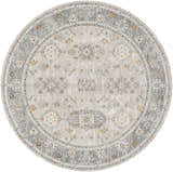 Close-up of round Greco Textured Rug. Farmhouse style rug in gray, light gray, and nutmeg with traditional pattern. Design-Round-67