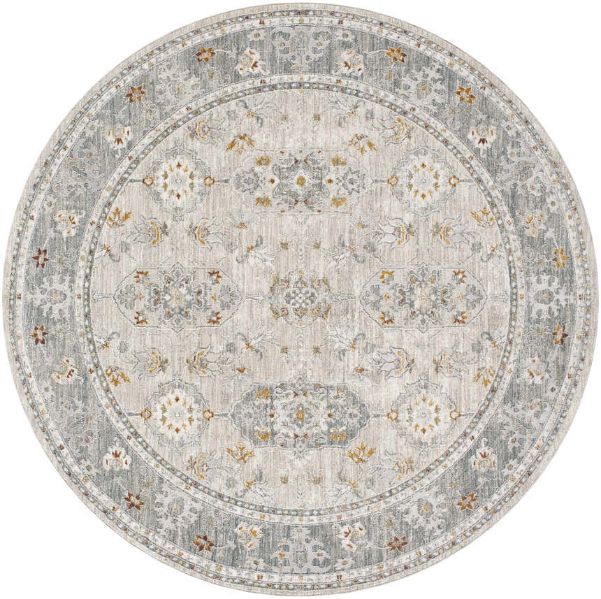 Close-up of round Greco Textured Rug. Farmhouse style rug in gray, light gray, and nutmeg with traditional pattern. Design-Round-67