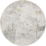 Close-up of round Gryta Textured Rug. Contemporary design with gray, light gray, and gold abstract pattern. Design-Round-67