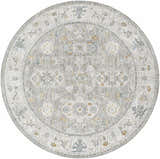 Close-up of the round Hafsa Textured Rug. Gray, nutmeg, and blue floral pattern on a light gray background. Design-Round