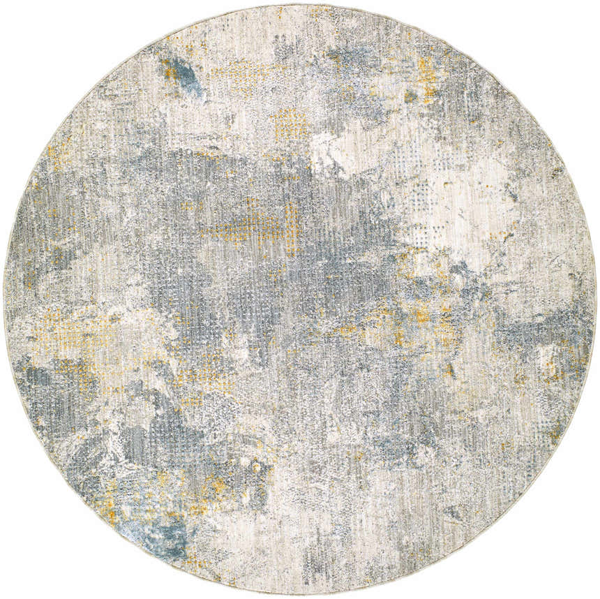 Round Haydn Rock Pattern Rug with abstract design in dark gray, light gray, and gold tones. Contemporary style. Design-Round-53