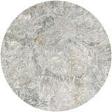 Round Hinda Textured Rug with Fringes. Abstract leaf design in shades of gray, light gray, and subtle gold accents. Contemporary style. Design-Round-67