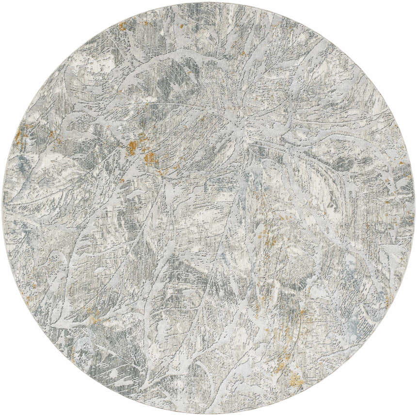 Round Hinda Textured Rug with Fringes. Abstract leaf design in shades of gray, light gray, and subtle gold accents. Contemporary style. Design-Round-67